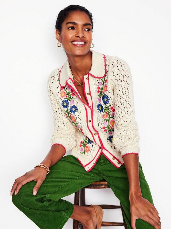 BODEN Embroidered Cotton Cardigan - Ivory SzM