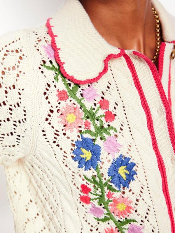 BODEN Embroidered Cotton Cardigan - Ivory SzM