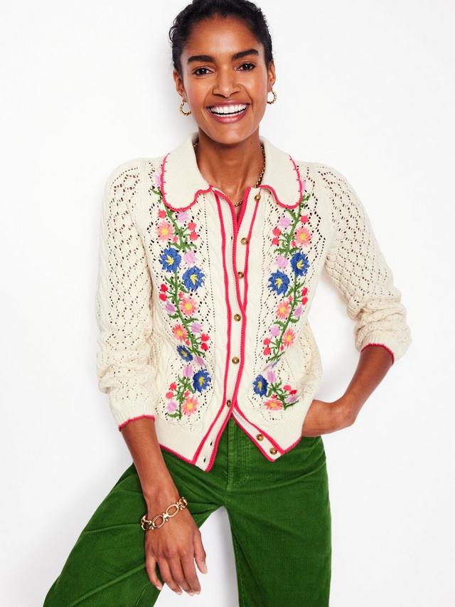 BODEN Embroidered Cotton Cardigan - Ivory SzM