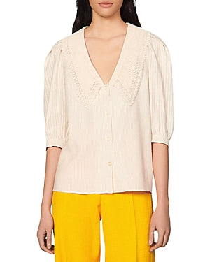 SANDRO Clarion Striped Shirt - Ecru Sz3 NZ12