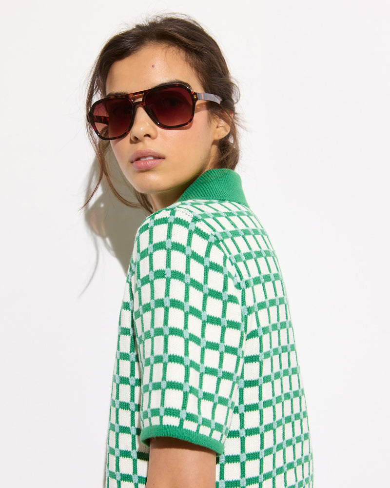 OLIVER BONAS Collared Knitted Top - Green Check SZ16