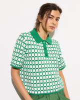 OLIVER BONAS Collared Knitted Top - Green Check SZ16