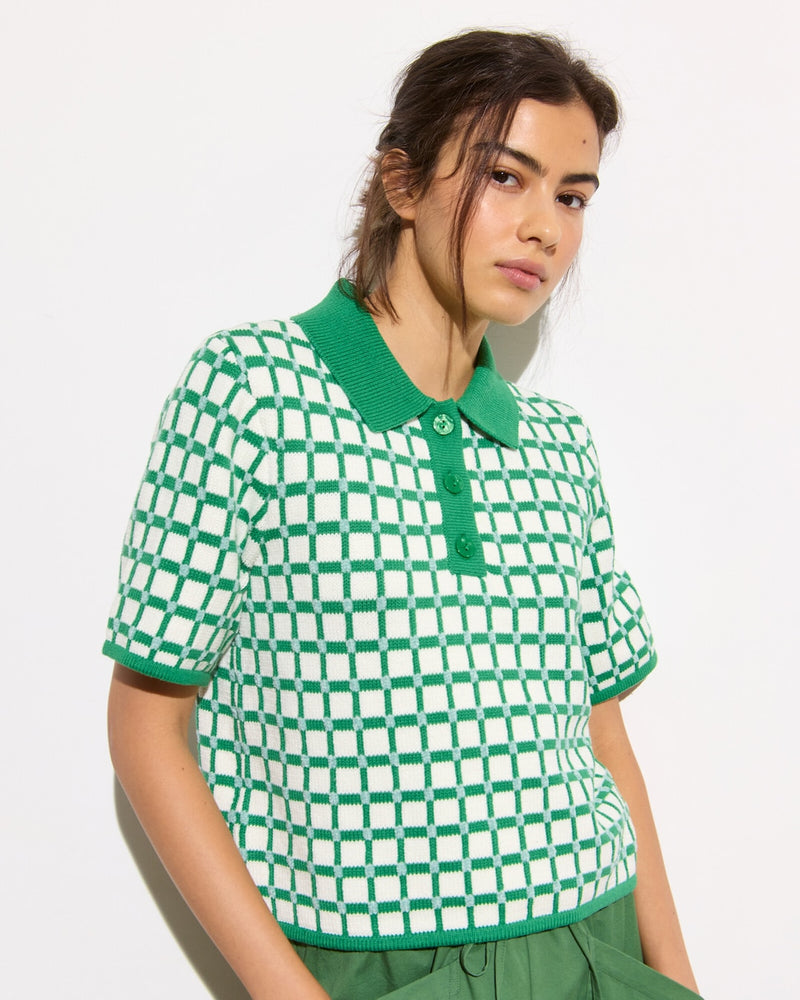 OLIVER BONAS Collared Knitted Top - Green Check SZ16