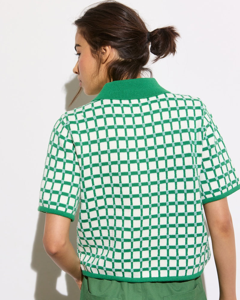OLIVER BONAS Collared Knitted Top - Green Check SZ16
