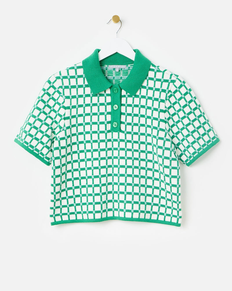 OLIVER BONAS Collared Knitted Top - Green Check SZ16
