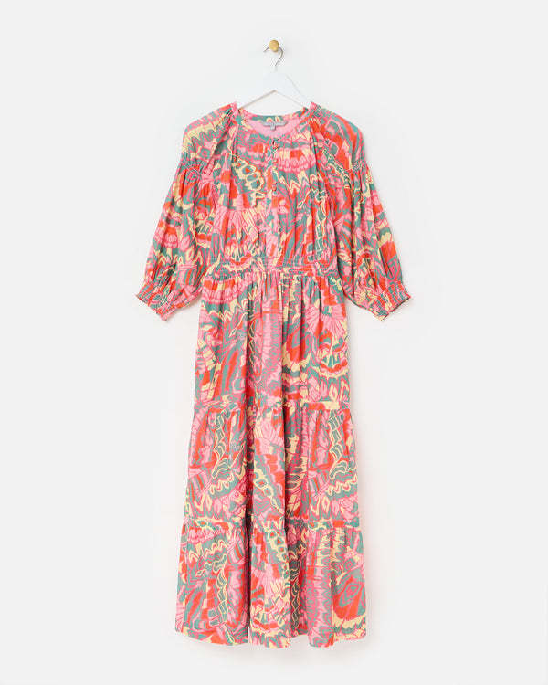 OLIVER BONAS Abstract Tiered Midi Dress - Pink & Green Sz10