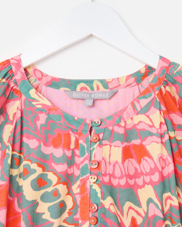 OLIVER BONAS Abstract Tiered Midi Dress - Pink & Green Sz10