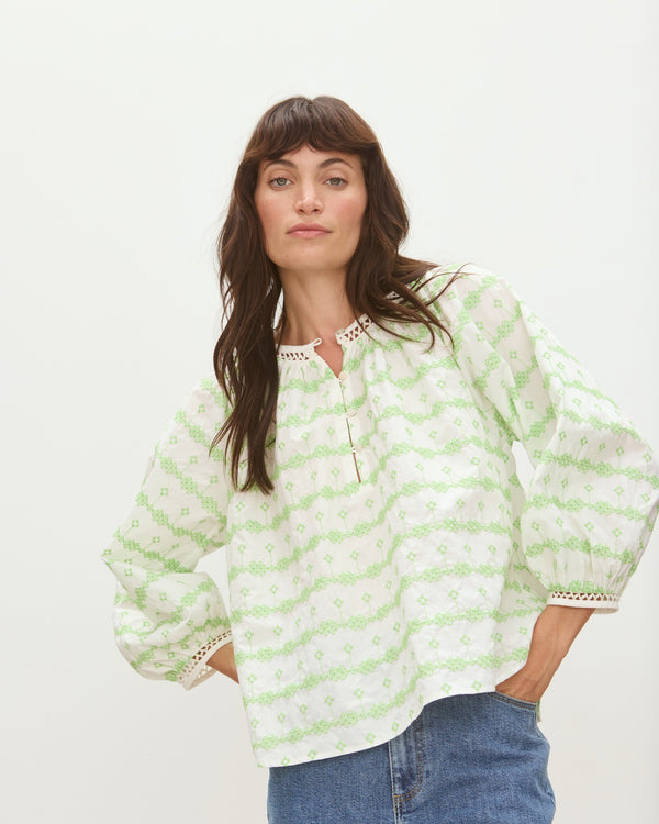OLIVER BONAS Striped Embroidered Blouse - White & Green Sz12
