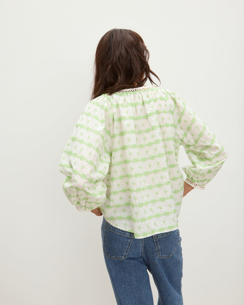 OLIVER BONAS Striped Embroidered Blouse - White & Green Sz12
