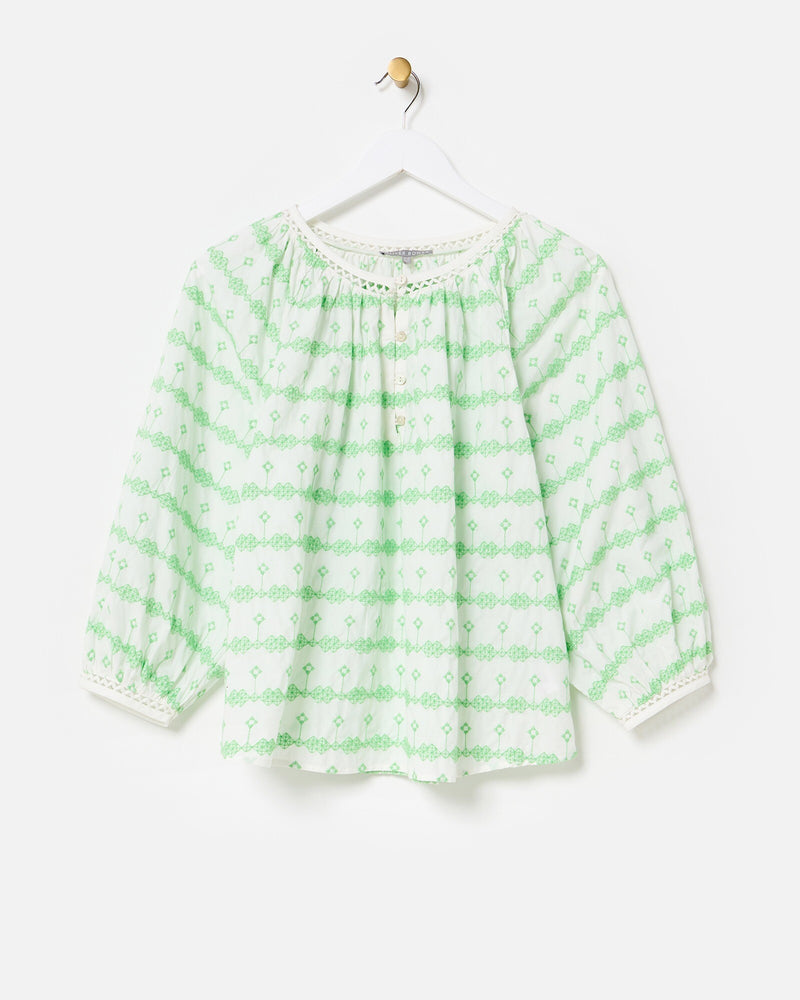 OLIVER BONAS Striped Embroidered Blouse - White & Green Sz12