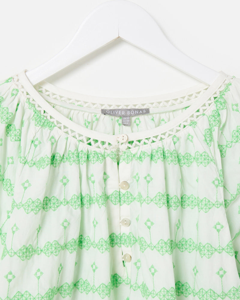 OLIVER BONAS Striped Embroidered Blouse - White & Green Sz12