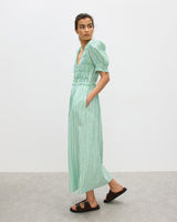 OLIVER BONAS Shirred Bodice Puff Sleeve Midi Dress - Green & Blue Stripe Sz12