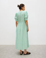 OLIVER BONAS Shirred Bodice Puff Sleeve Midi Dress - Green & Blue Stripe Sz12