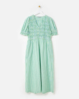 OLIVER BONAS Shirred Bodice Puff Sleeve Midi Dress - Green & Blue Stripe Sz12