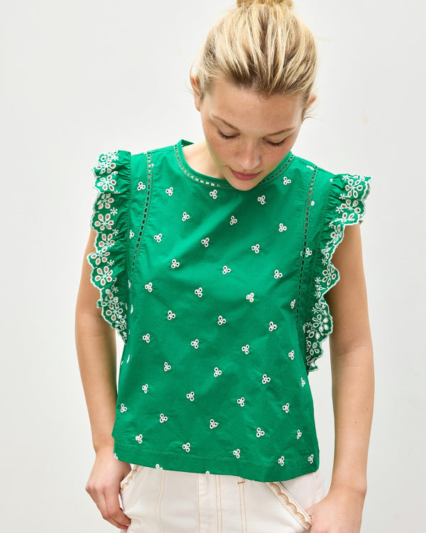 OLIVER BONAS Embroidered Frill Sleeve Cotton Top - Green & White