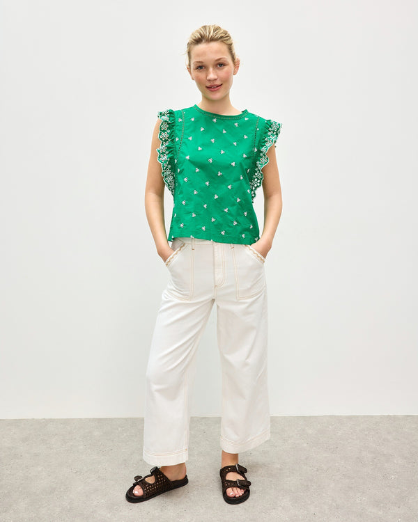 OLIVER BONAS Embroidered Frill Sleeve Cotton Top - Green & White