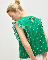 OLIVER BONAS Embroidered Frill Sleeve Cotton Top - Green & White