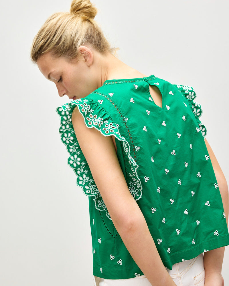 OLIVER BONAS Embroidered Frill Sleeve Cotton Top - Green & White