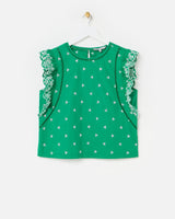 OLIVER BONAS Embroidered Frill Sleeve Cotton Top - Green & White