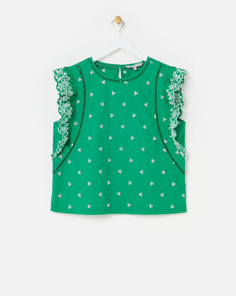 OLIVER BONAS Embroidered Frill Sleeve Cotton Top - Green & White