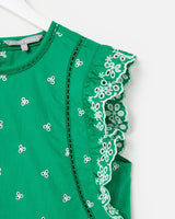 OLIVER BONAS Embroidered Frill Sleeve Cotton Top - Green & White