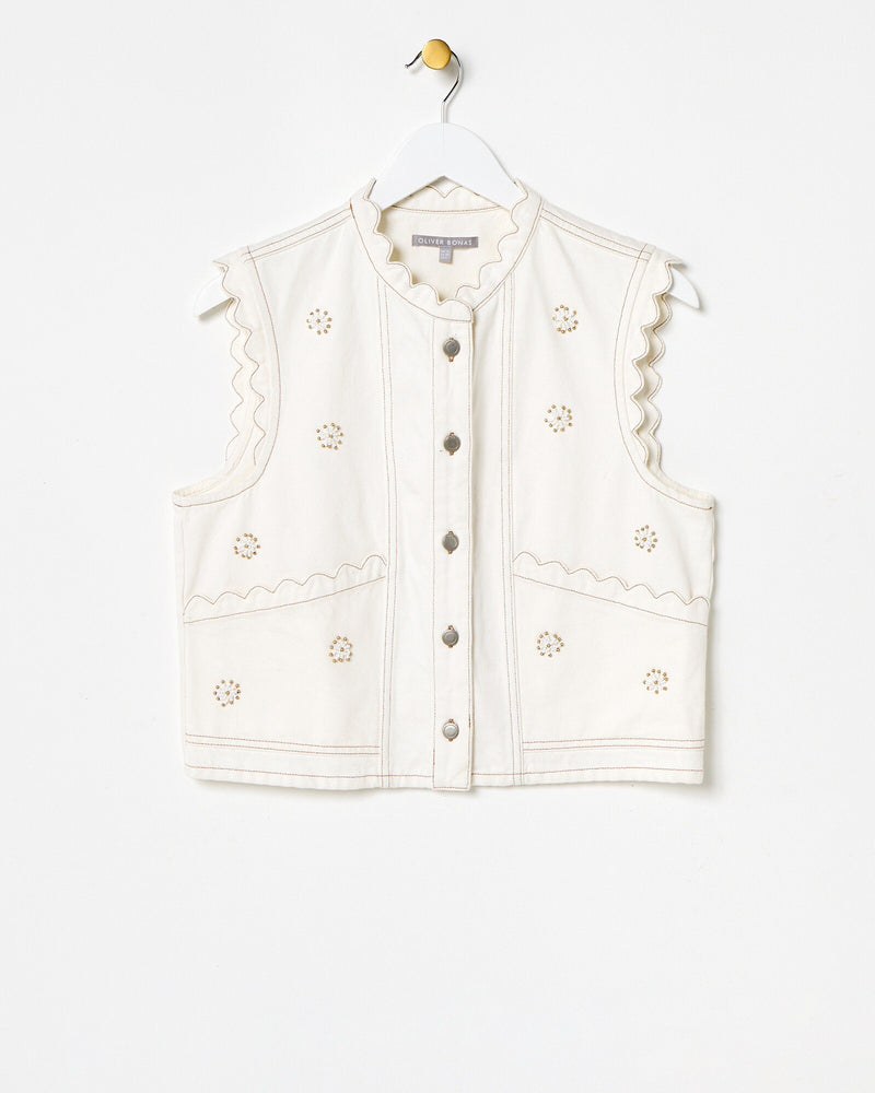 OLIVER BONAS Beaded Flower Denim Waistcoat - Ecru Sz12