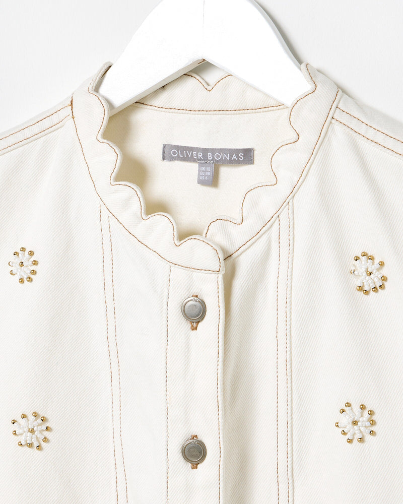 OLIVER BONAS Beaded Flower Denim Waistcoat - Ecru Sz12