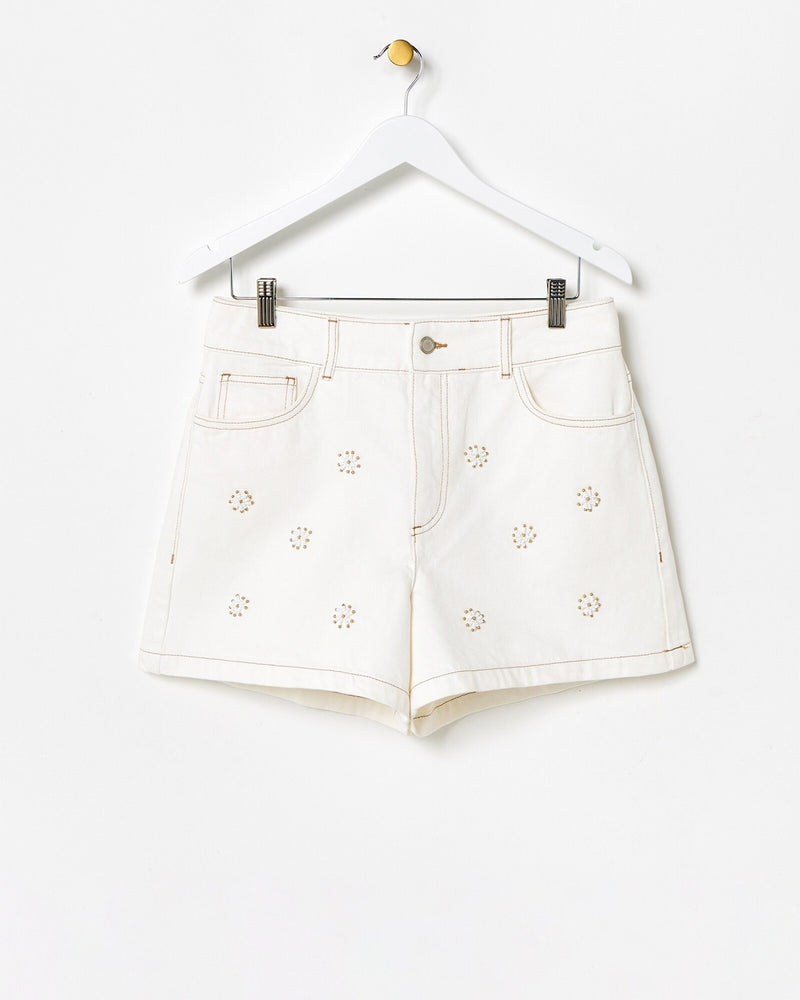 OLIVER BONAS Beaded Flower Denim Shorts - Ecru Sz10