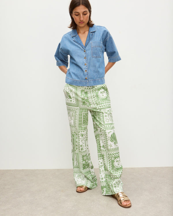 OLIVER BONAS Tile Print Linen Wide Leg Trousers - Green