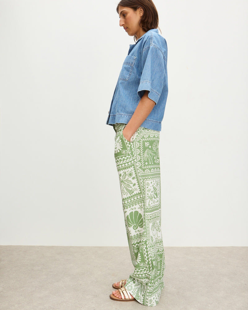 OLIVER BONAS Tile Print Linen Wide Leg Trousers - Green
