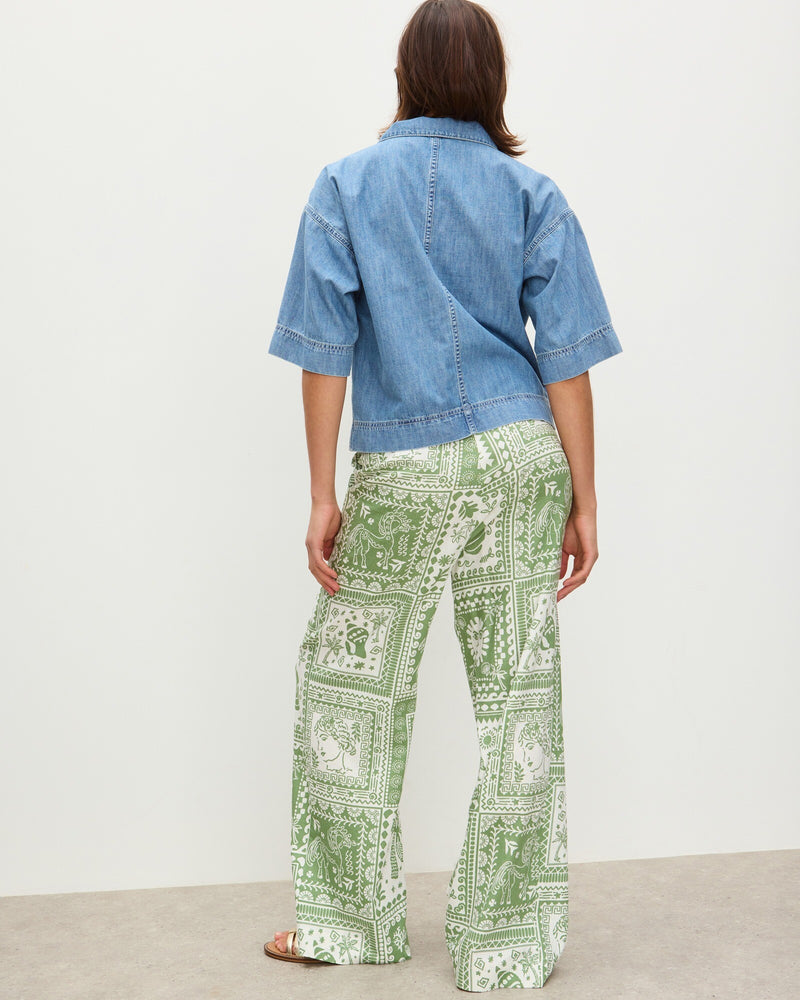 OLIVER BONAS Tile Print Linen Wide Leg Trousers - Green