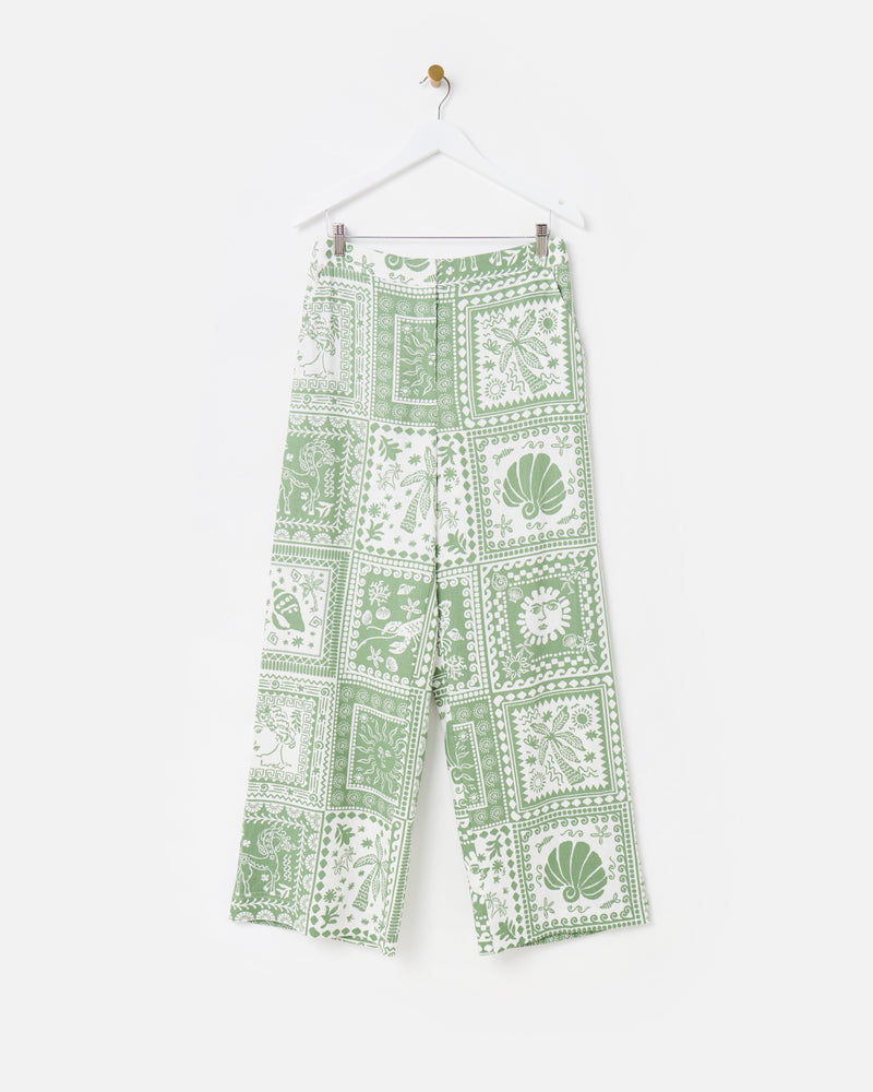 OLIVER BONAS Tile Print Linen Wide Leg Trousers - Green