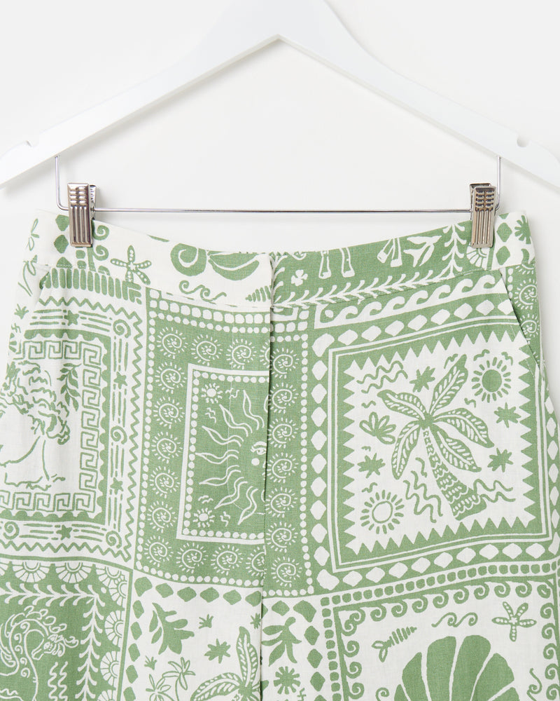 OLIVER BONAS Tile Print Linen Wide Leg Trousers - Green