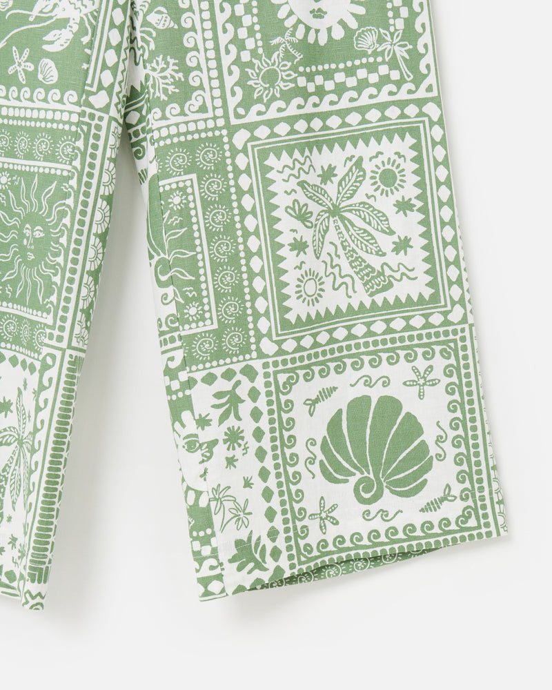 OLIVER BONAS Tile Print Linen Wide Leg Trousers - Green