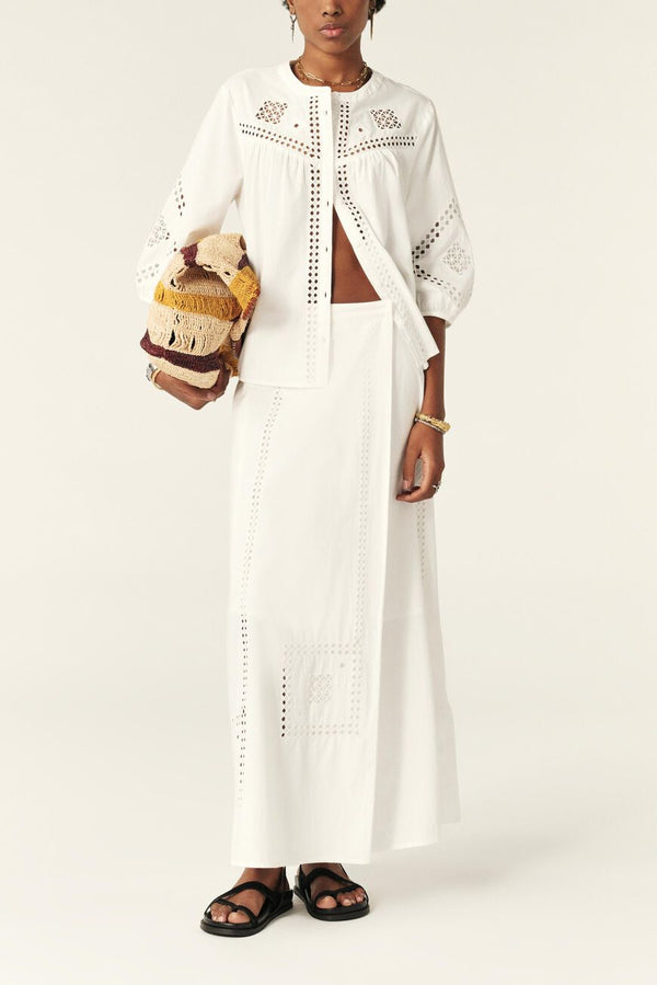 BA&SH Lermaid Embroidered Maxi Skirt - White Sz36 NZ Small