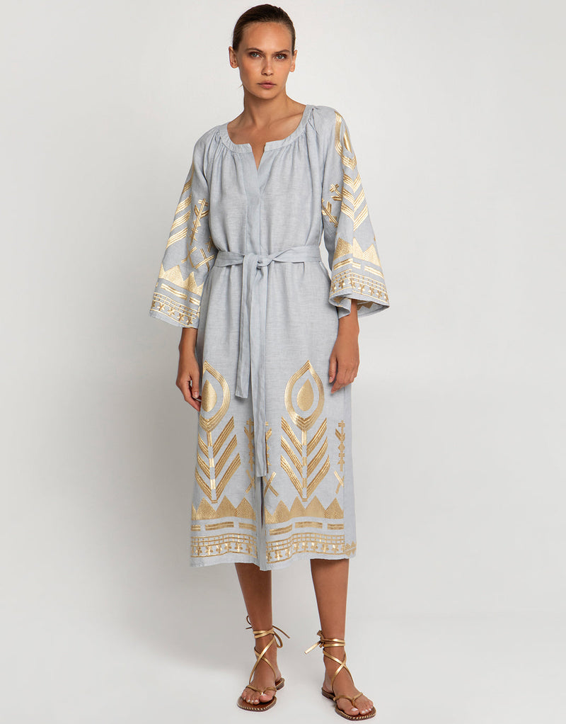 GREEK ARCHAIC KORI Feather Kaftan Dress - Light Grey SzM