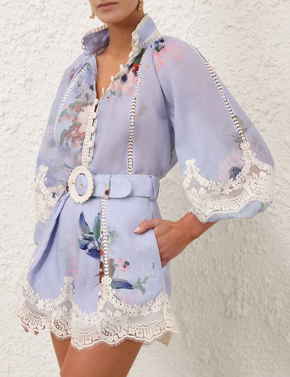 ZIMMERMANN Everley Lace Trim Blouse - Light Blue Sz1 NZ10