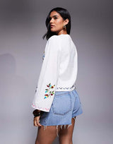 RIVER ISLAND Embroidered Tie Front Shirt - White Sz10