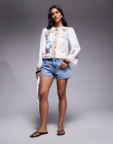 RIVER ISLAND Embroidered Tie Front Shirt - White Sz10