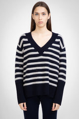 ALEGER N.120 Cashmere Blend Striped V Neck - Polar Grey/Navy SzS