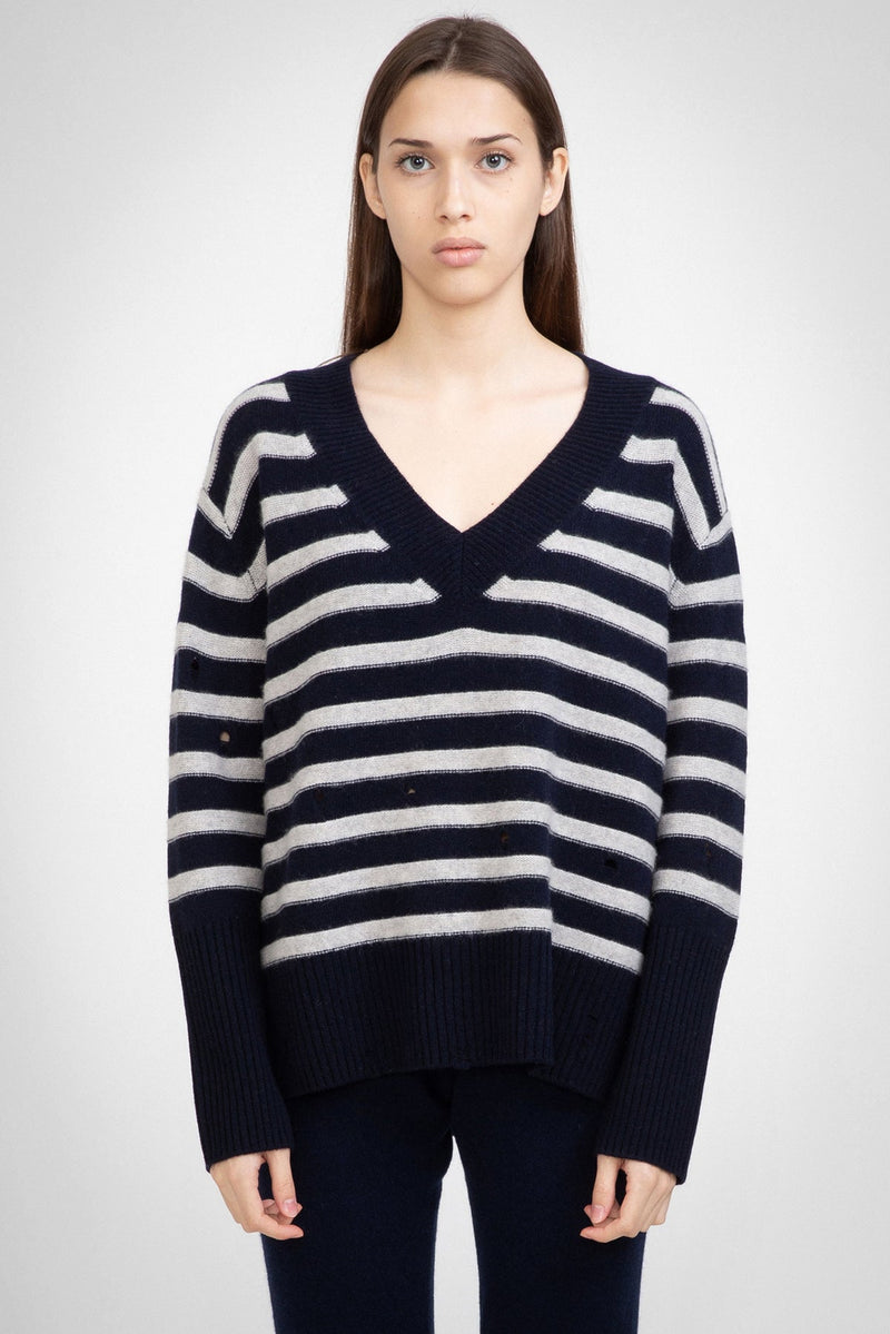 ALEGER N.120 Cashmere Blend Striped V Neck - Polar Grey/Navy SzS