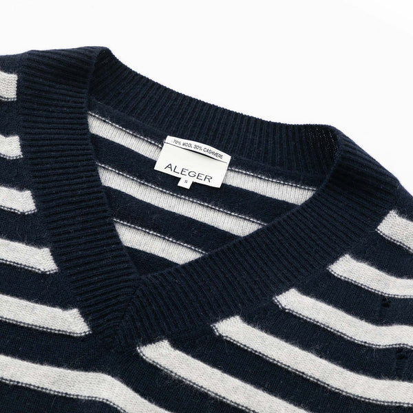 ALEGER N.120 Cashmere Blend Striped V Neck - Polar Grey/Navy SzS
