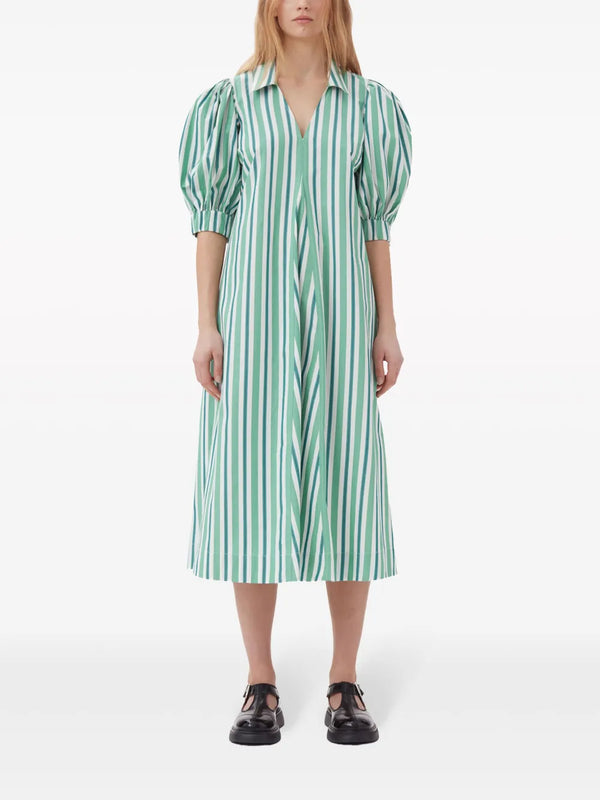 GANNI Organic Cotton Midi Shirtdress - Green Stripe Sz36 NZ10