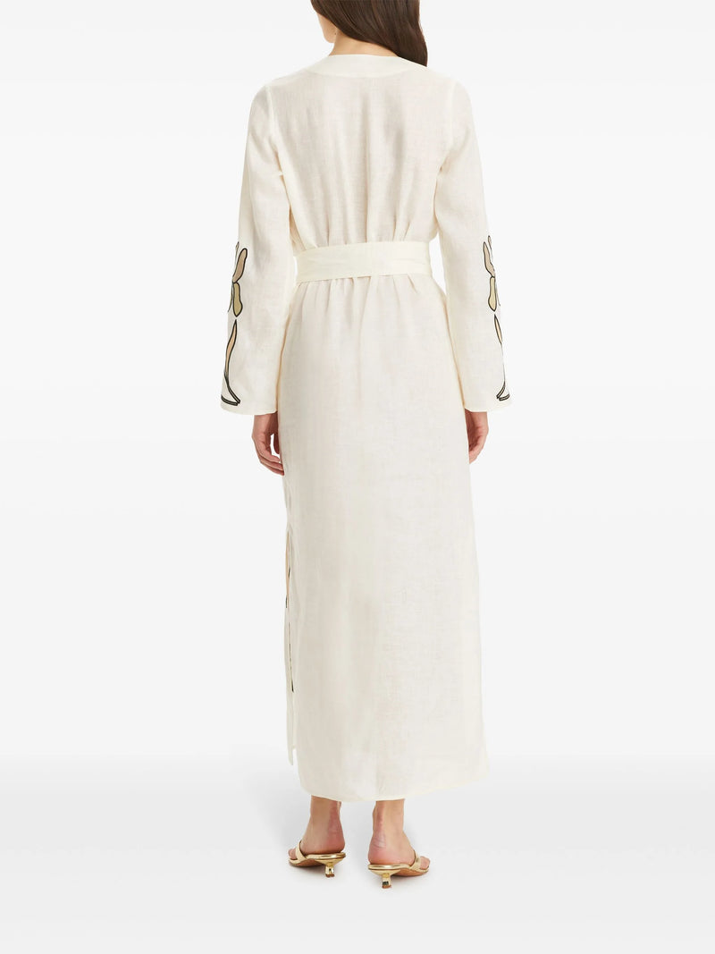 TORY BURCH RRP $1850 Applique Linen Kaftan Dress - Ivory US6 NZ10