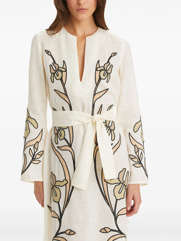 TORY BURCH RRP $1850 Applique Linen Kaftan Dress - Ivory US6 NZ10