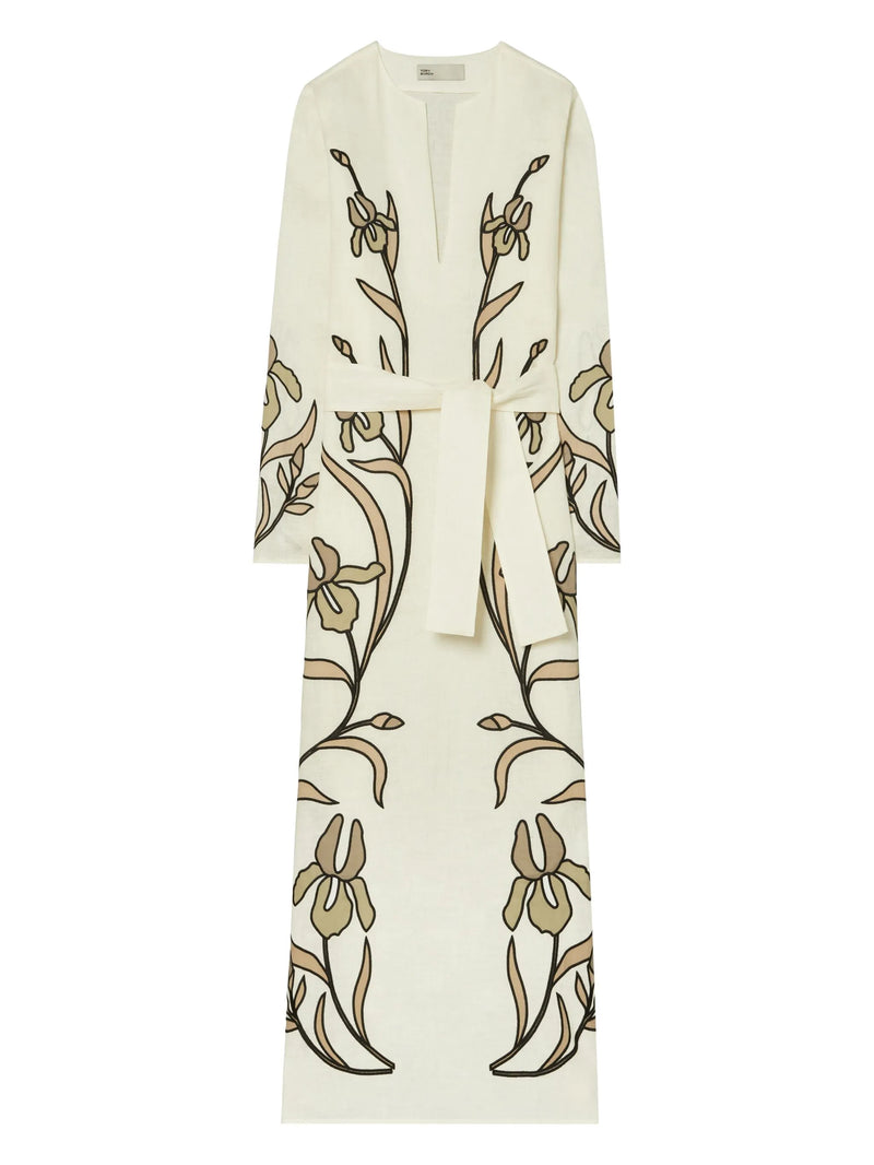 TORY BURCH RRP $1850 Applique Linen Kaftan Dress - Ivory US6 NZ10