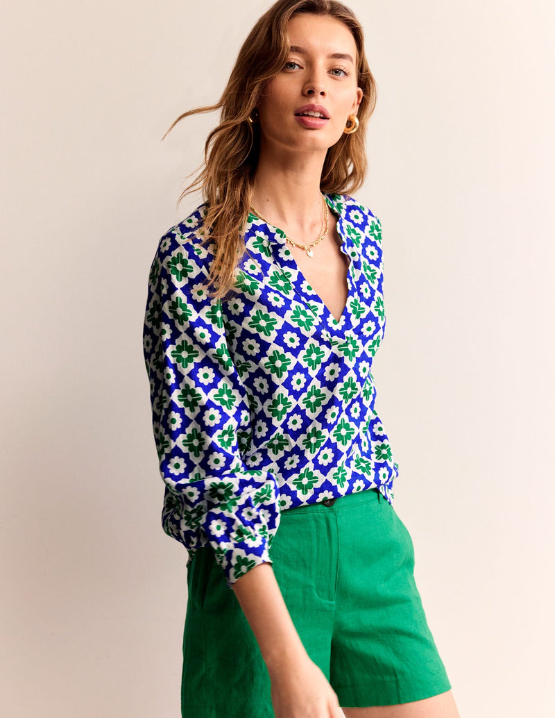 BODEN Blue & Green Linen Print Top Sz8