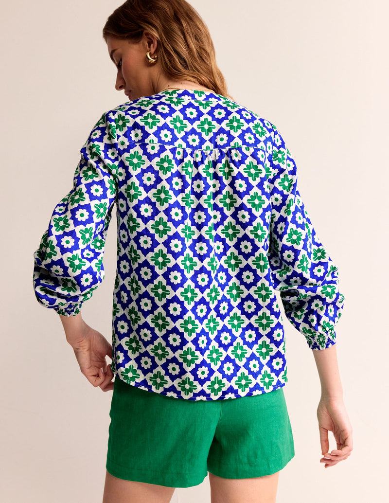 BODEN Blue & Green Linen Print Top Sz8