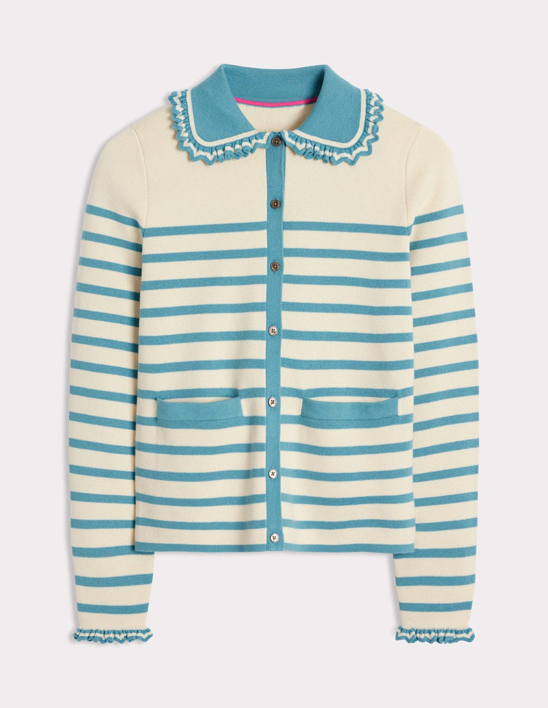 BODEN Frill Collared Cardigan - Ivory & Duck Egg SzM