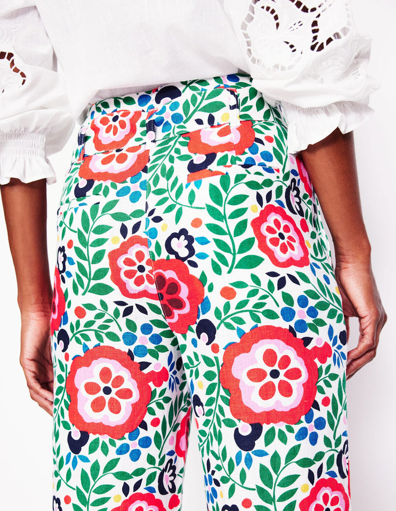 BODEN Belted Linen Trousers - Foliage Scatter Sz10
